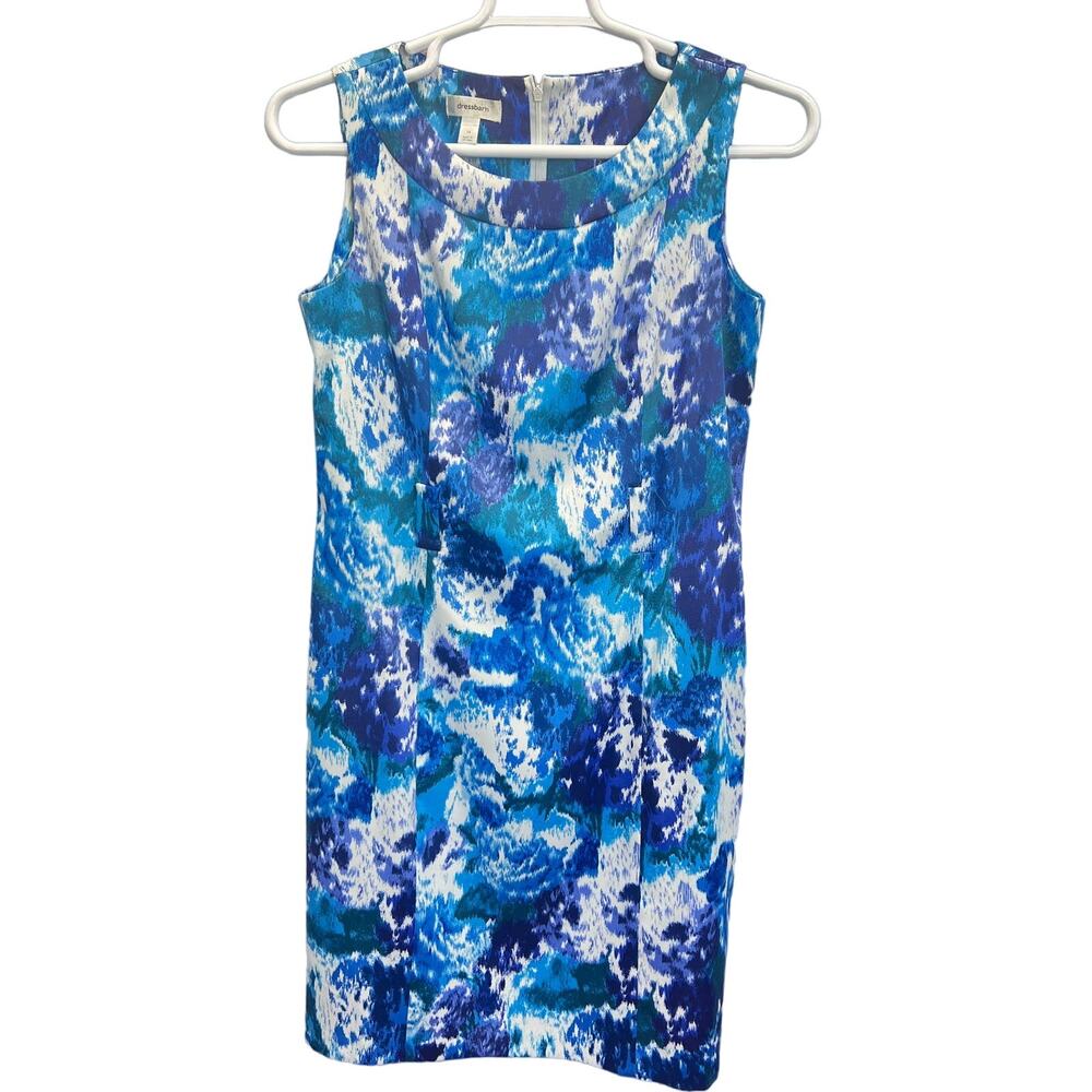 Dressbarn Floral Sheath Dress Blue Size 14 Sleeveless Round Neck Casual Career‎
